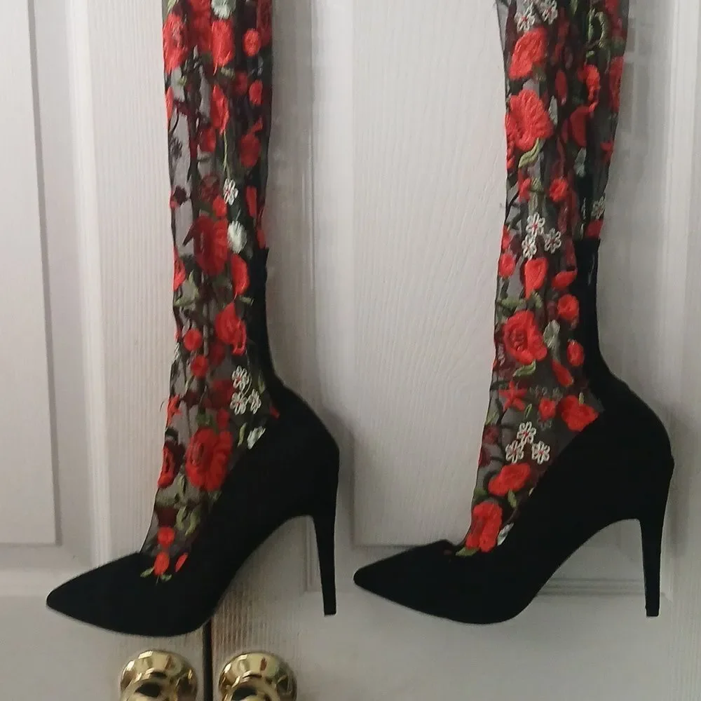 Design for Jacobies over the knee red black floral heeled boots  Sz 9 NWOT